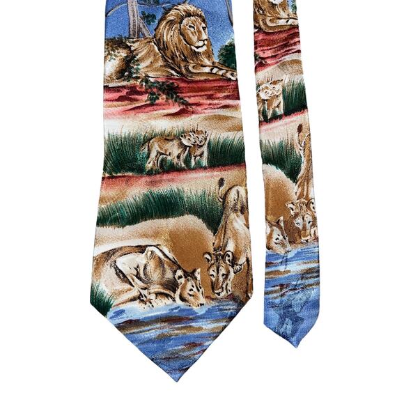 Lost Kingdom Animal Safari  Lion Cub Water  River Print Tie - Picture 1 of 2